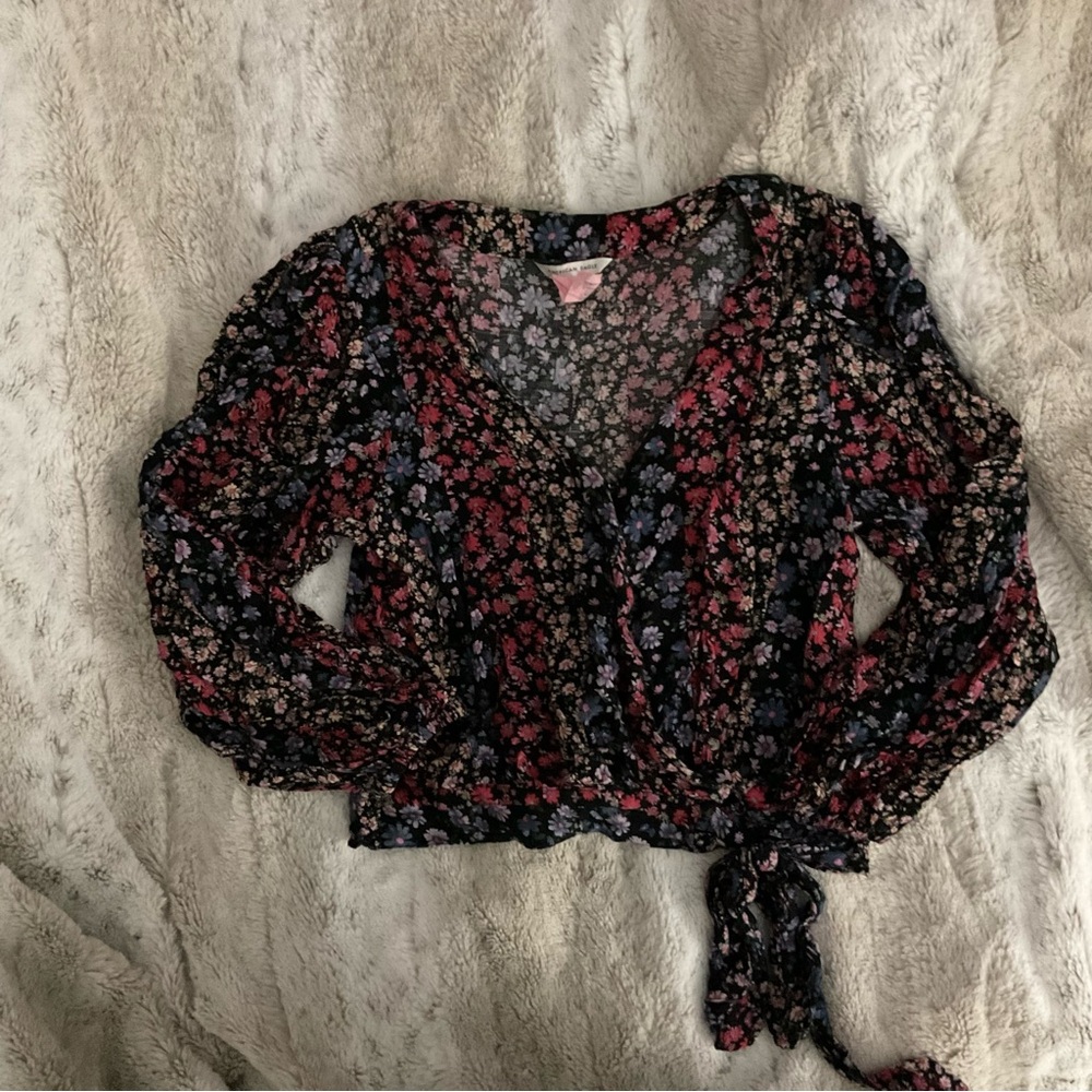 American Eagle Outfitters Black Floral Wrap Crop Top with Pink & Blue Flowers